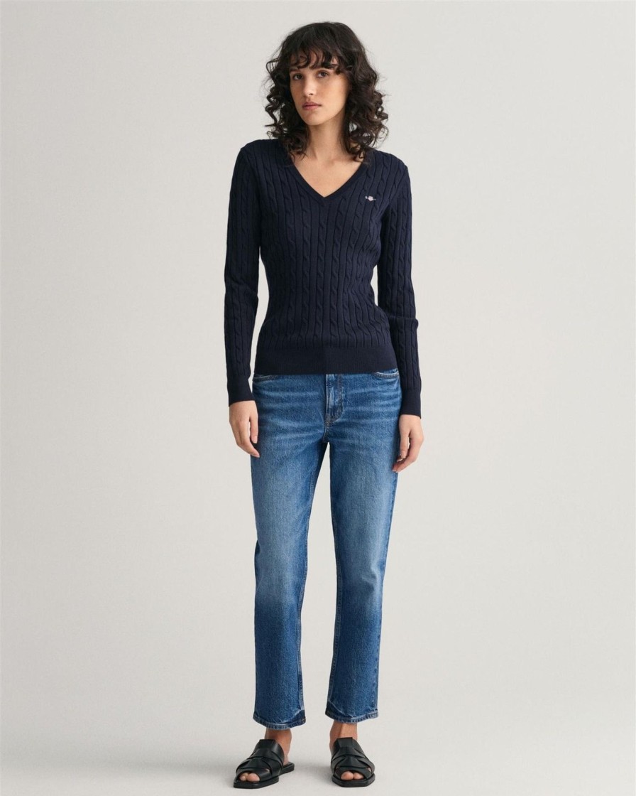 Klaer GANT | Stretch Cotton Cable V-Neck Evening Blue