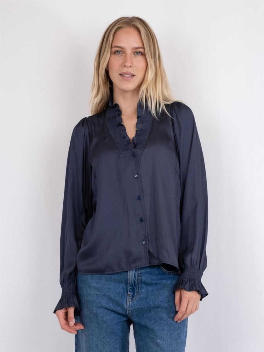 Klaer Neo Noir | Brielle Satin Blouse Midnight Blue