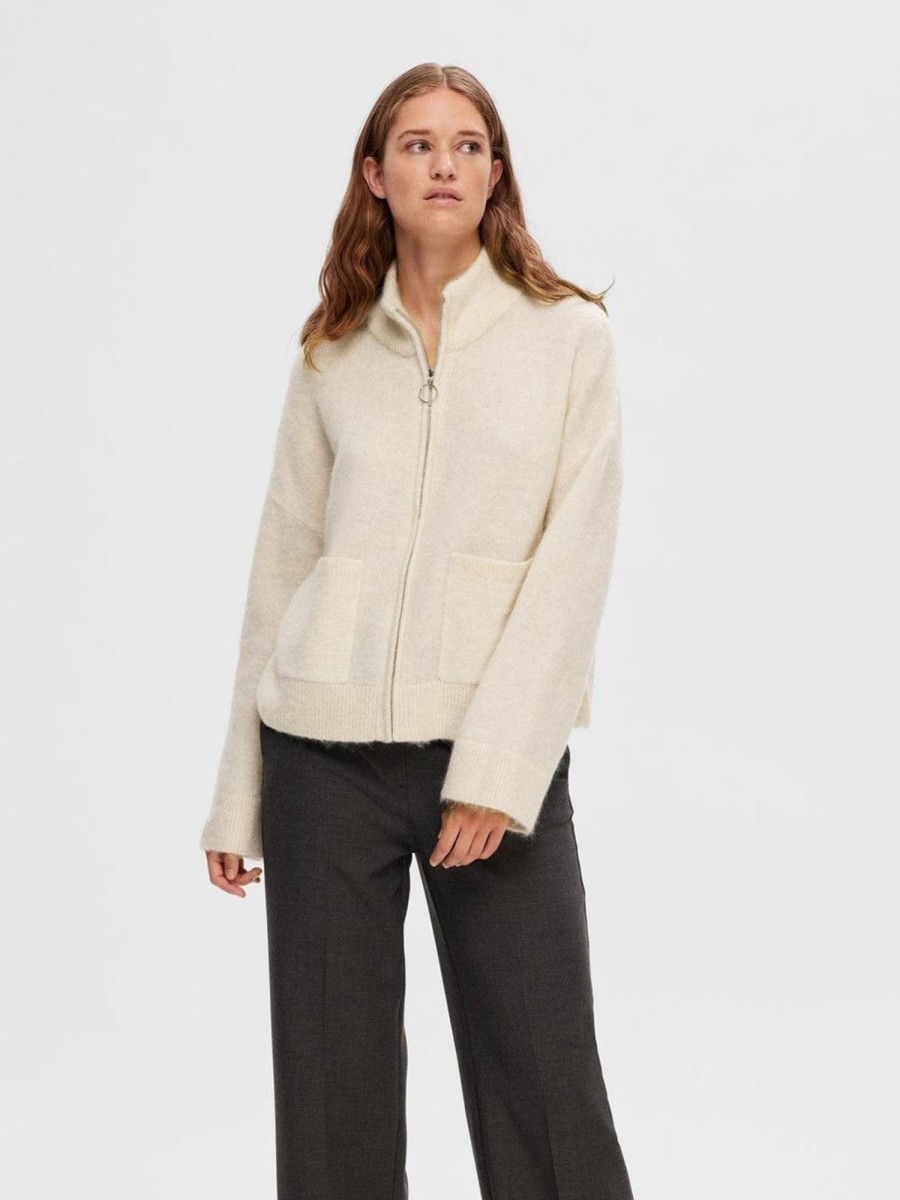 Klaer Selected Femme | Sia Ras Ls Knit Zipper Cardigan Birch Beige