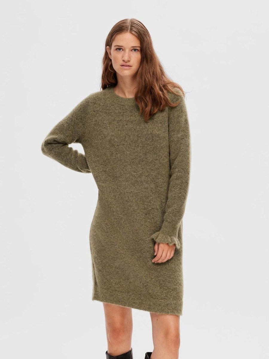 Klaer Selected Femme | Sia Ras Frill Ls Knit Dress Dusky Green